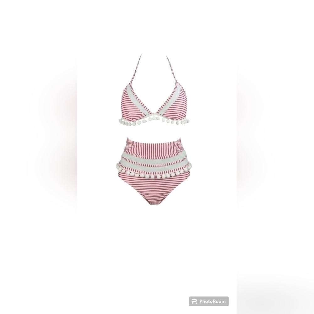 COCOSHIP Mesh Striped High Waist Bikini Set Tassel Trim Top Halter Strap Sz.8